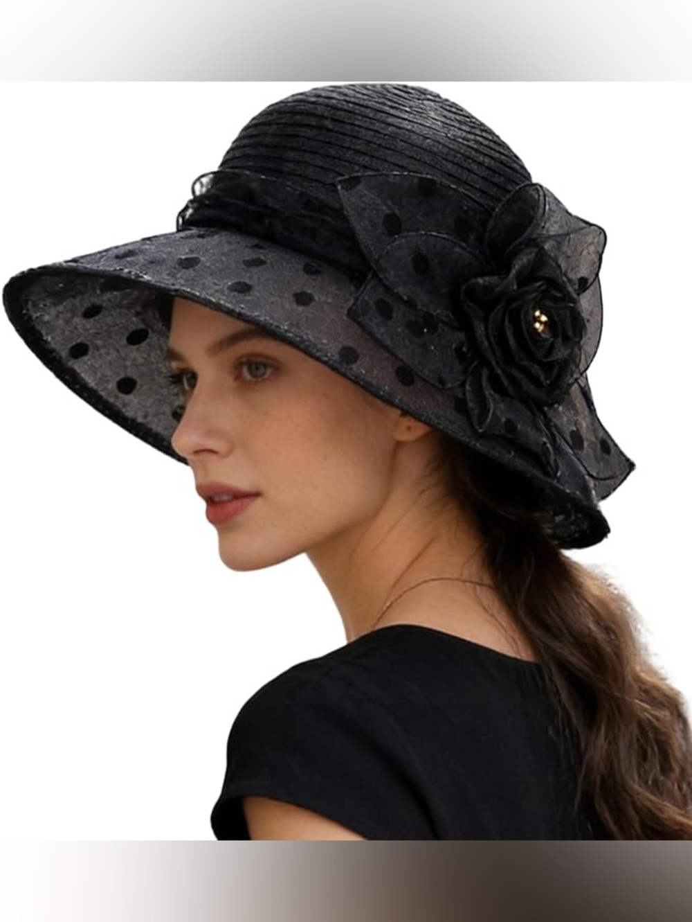Polka Dot Brim Dressy Hat with Flower Accent, Kentucky derby, Tea Party, wedding